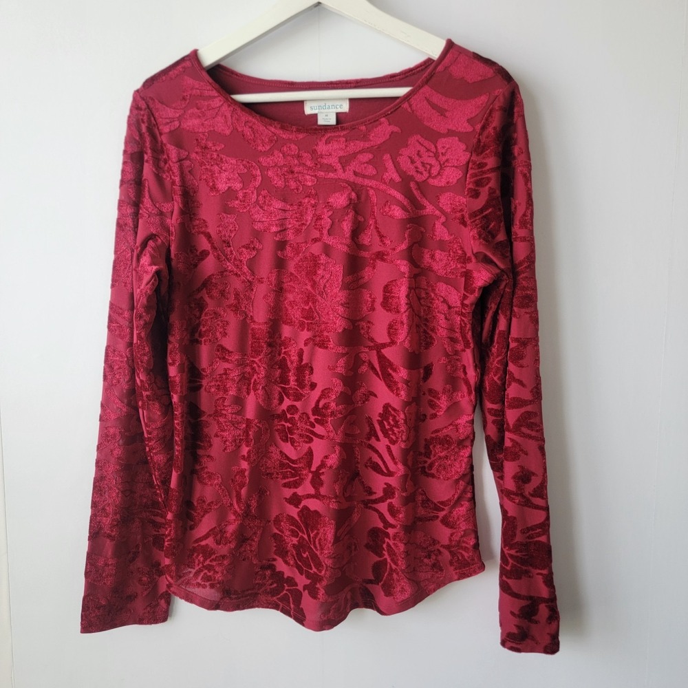 Sundance Women's Velvet Floral Jersey Knit Top size M Long Sleeve Red boho